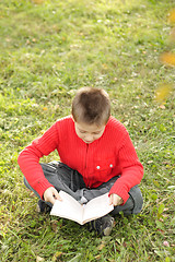 Image showing Sitting boy reading book on grass