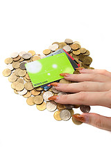 Image showing Female hand, coins and cards