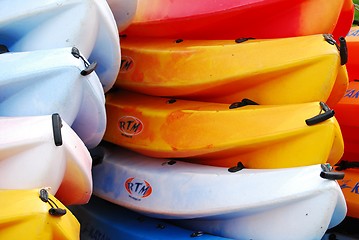 Image showing Colorful kayaks