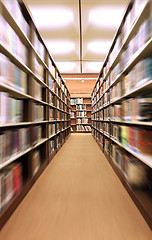 Image showing Indoors in a Library With Bookshelves Zoomed in