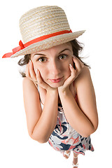 Image showing surprised woman in straw hat