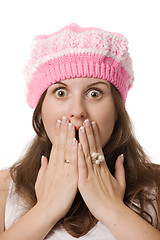 Image showing surprised woman in pink hat