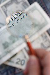 Image showing The back side of the banknote is under a magnifying glass