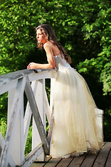 Image showing beautiful bride on the wooden bridge
