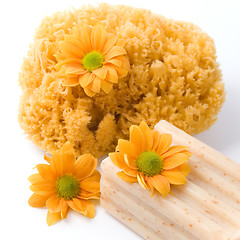 Image showing natural sponge, soap and flowers