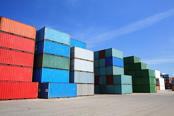 Image showing cargo freight containers stack in harbor