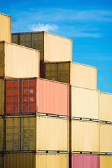 Image showing cargo freight containers stack in harbor