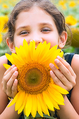 Image showing Beauty teen girl and sunflower