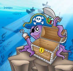 Image showing Pirate octopus with chest in sea