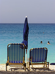 Image showing Sunbeds at Seashore