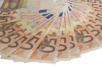 Image showing A fan of 50 Euro bank notes.