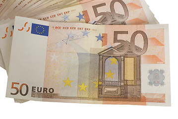 Image showing close-ups of a fan of 50 Euro bank notes 