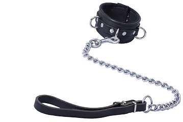 Image showing Black leather collar with the leash on white background