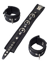 Image showing Black Leather Collar with Locking Hand Cuffs