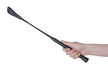 Image showing Black Leather Riding Crop in men's hand