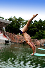 Image showing PHUKET - AUGUST 11: Phuket Stunt Show diver rehearses for the sh