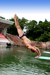 Image showing PHUKET - AUGUST 11: Phuket Stunt Show diver rehearses for the sh