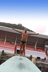 Image showing PHUKET - AUGUST 11: Phuket Stunt Show diver rehearses for the sh