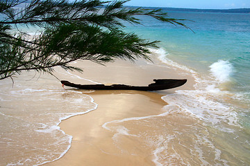 Image showing Old ruined fishing boat at sandy bank