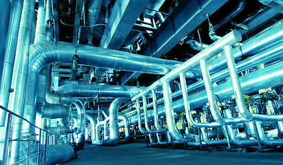 Image showing Pipes, tubes, machinery and steam turbine at a power plant