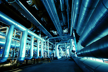 Image showing Pipes, tubes, machinery and steam turbine at a power plant