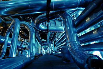 Image showing Pipes, tubes, machinery and steam turbine at a power plant