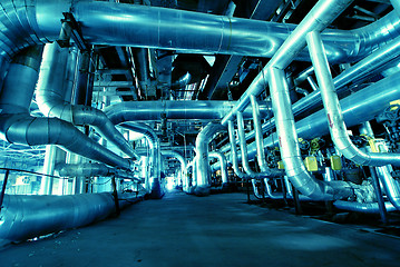 Image showing Pipes, tubes, machinery and steam turbine at a power plant