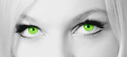 Image showing Monochrome of blonde woman with green eyes, slight film grain overall for effect