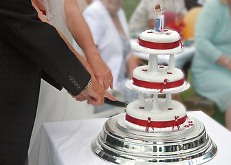 Image showing Bride and Groom cutting the Wedding Cake.