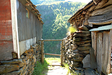 Image showing Old norwegian wooden and stone houses