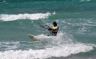 Image showing LANZAROTE , SPAIN - JULY 8: Kite surfer in Spain championship ki