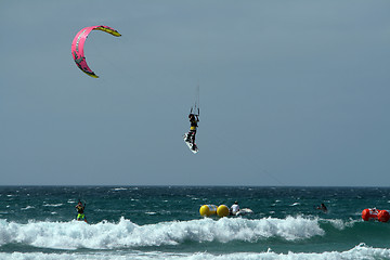 Image showing LANZAROTE , SPAIN - JULY 8: Kite surfer in Spain championship ki