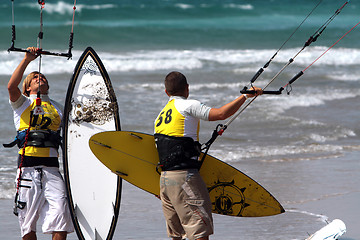 Image showing LANZAROTE , SPAIN - JULY 8: Kite surfer in Spain championship ki