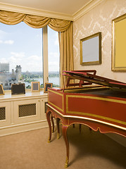 Image showing harpsichord in penthouse bedroom with river view in new york cit