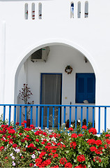 Image showing greek cyclades island architecture with flowers