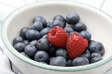 Image showing Fresh blueberries and raspberries in a bowl.