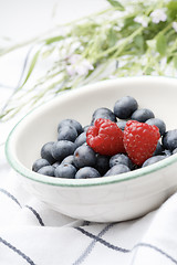 Image showing Fresh blueberries and raspberries in a bowl.