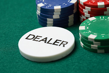 Image showing Dealer button and poker chips on a green surface.