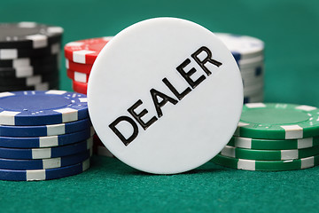 Image showing Dealer button and poker chips on a green surface.