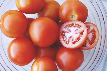 Image showing Fresh tomatoes in a glass bowl.