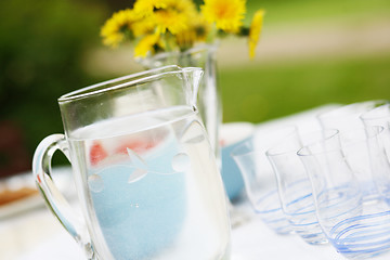 Image showing Jug of water and glasses on a table.