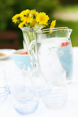 Image showing Jug of water and glasses on a table.