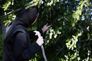 Image showing Orthodox nun touching a pine tree.