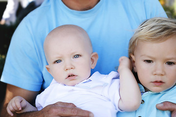 Image showing Two little boys in their father’s lap.