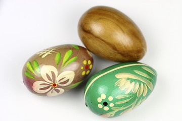 Image showing three wooden eggs decorated