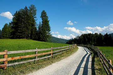 Image showing Beautiful alpine countryside road among meadows and forests