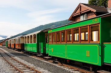 Image showing Historical railroad cars at train station