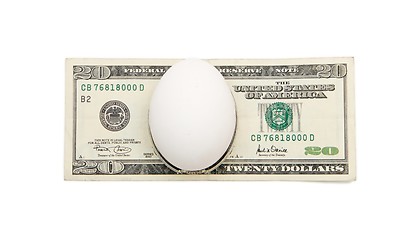 Image showing White egg on twenty dollar bill isolated
