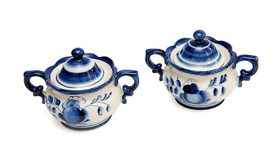 Image showing Pair of blue and white porcelain sugar basins isolated