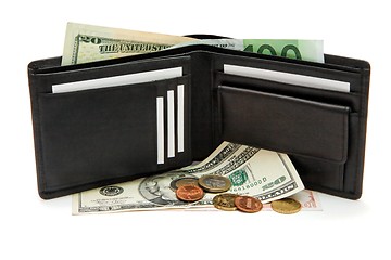 Image showing Black wallet, banknotes and coins isolated